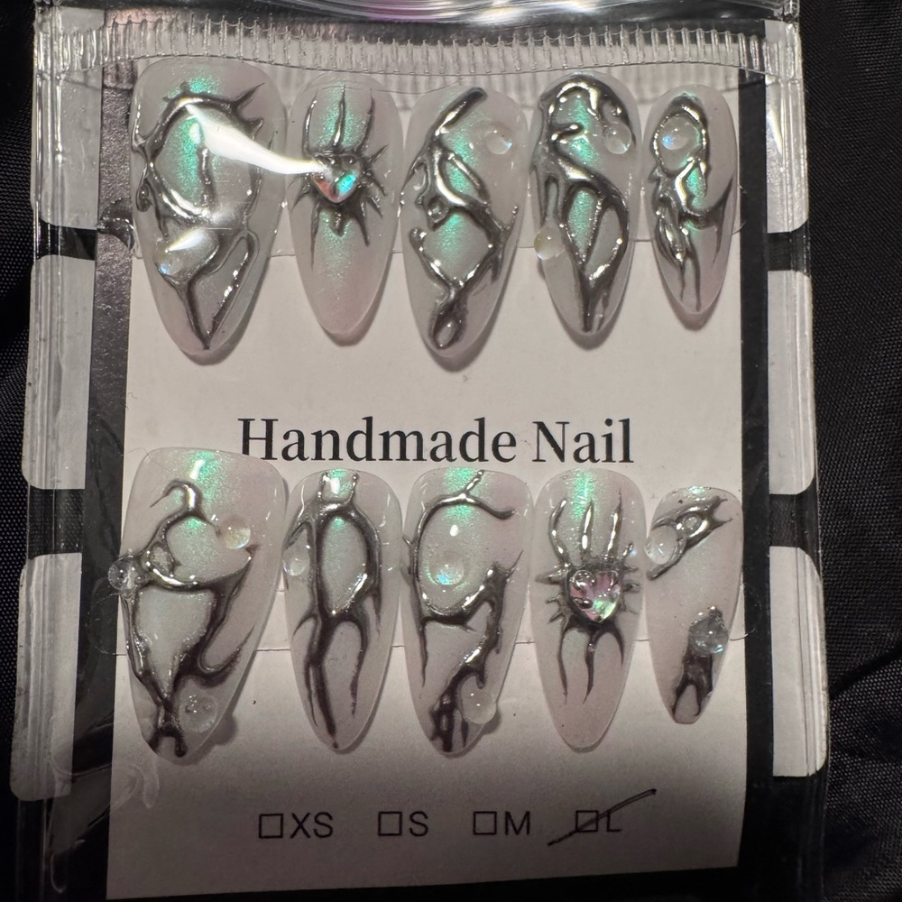 Handmade Iridescent White Press-On Nails with Silver 3D Swirls